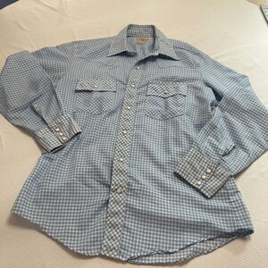 Vintage Mr. Leggs Shirt Mens L Blue Plaid Western Yoke Pearl Snap Made USA 70s
